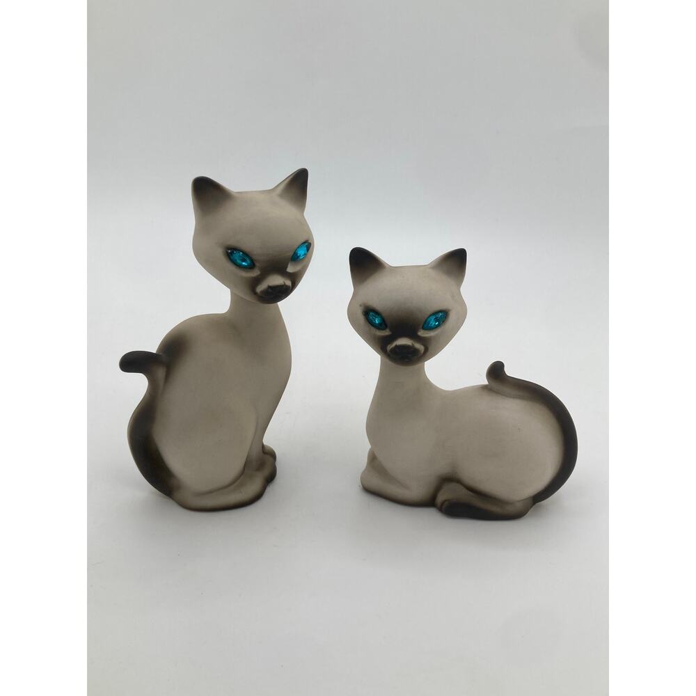 Vintage Siamese Cat Figurines Pair Blue Rhinestone Eyes CALIF USA